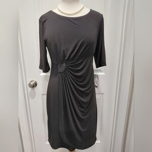 Classic Black Ruched Midi Dress with Three-Quarter Sleeves Sz 8 #0589